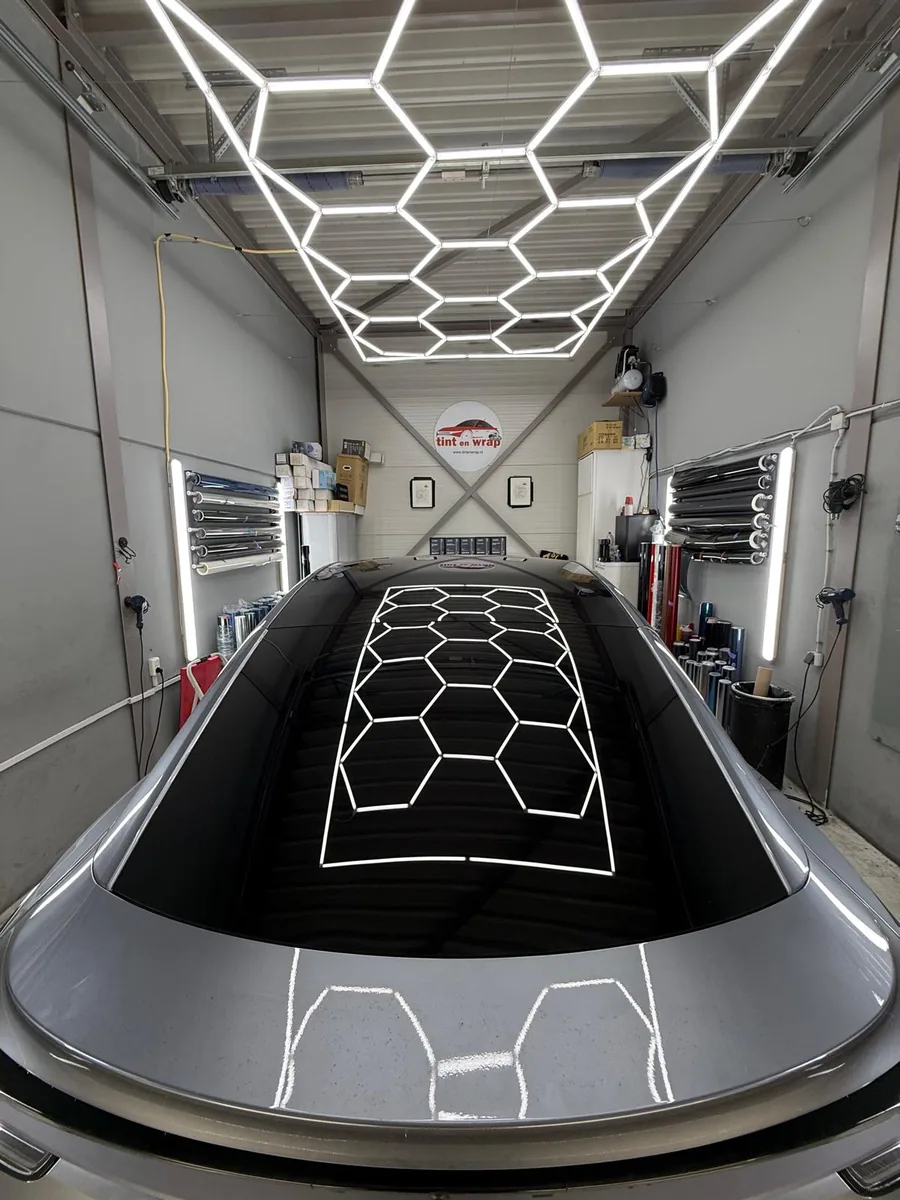 Zilvergrijze Tesla met getinte achterruit in de werkplaats, gefotografeerd van achteren